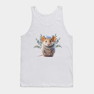 Adorable cute little mouse in a wool sweater - beautiful flowers and leaves Tank Top